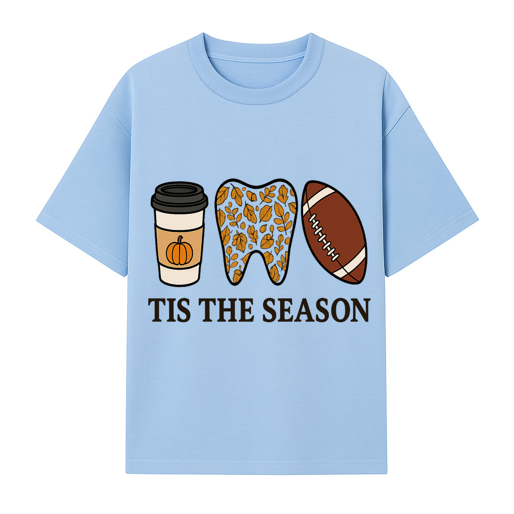 Tis the Season Fall Decor: Pumpkin Coffee, Leafy Tooth, Football Theme Gift for Dental Hygiene, Autumn Collection - T-shirt 1758250149641.jpg