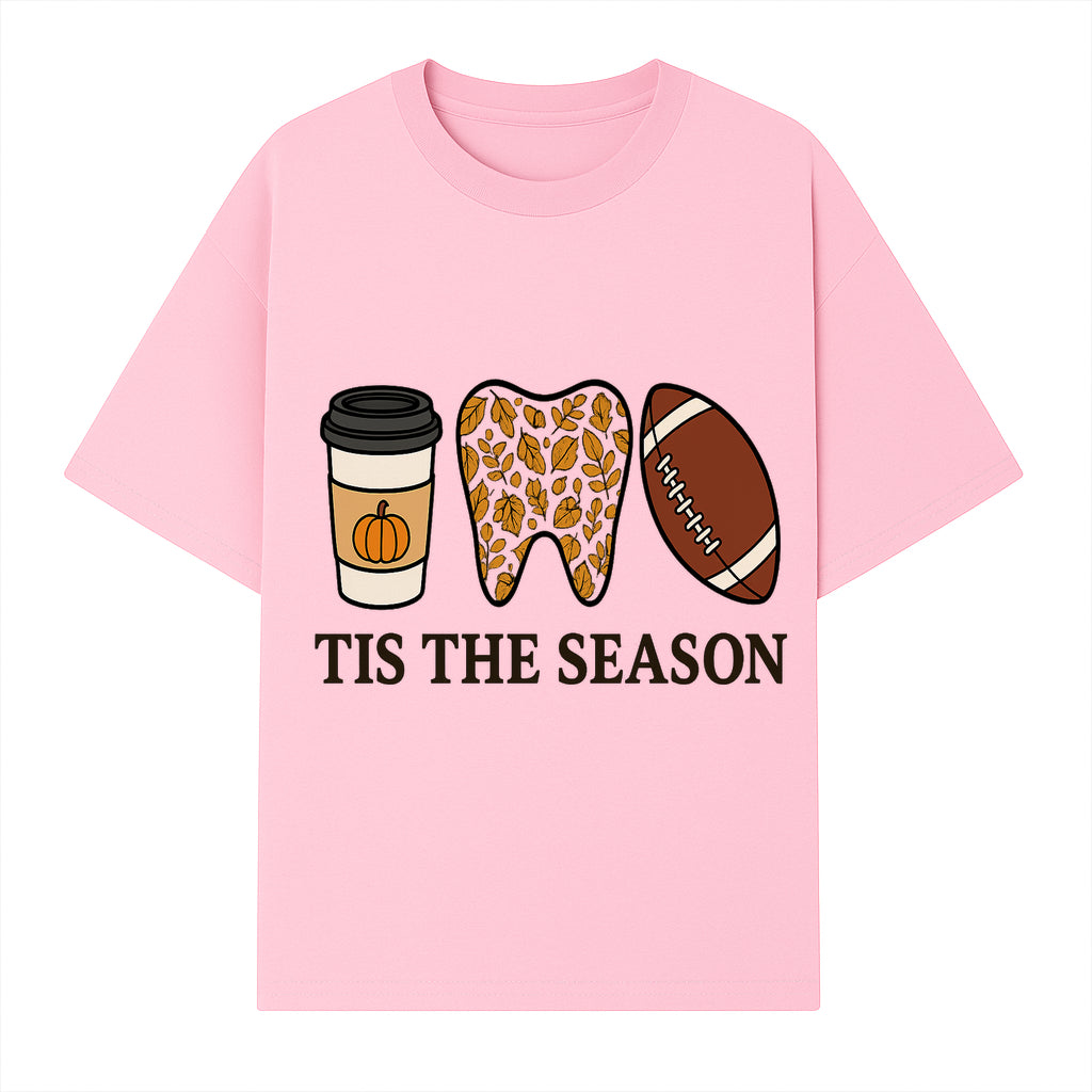 Tis the Season Fall Decor: Pumpkin Coffee, Leafy Tooth, Football Theme Gift for Dental Hygiene, Autumn Collection - T-shirt 1758250149795.jpg