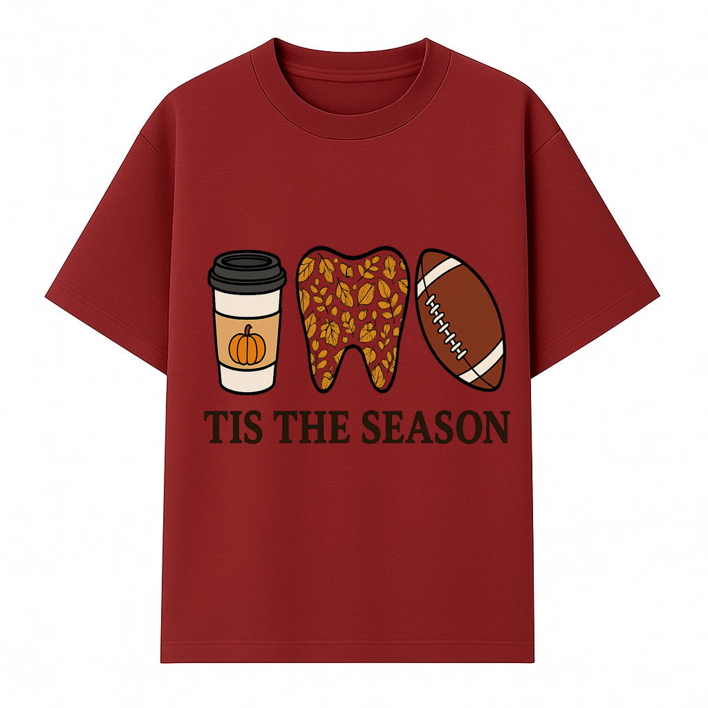 Tis the Season Fall Decor: Pumpkin Coffee, Leafy Tooth, Football Theme Gift for Dental Hygiene, Autumn Collection - T-shirt 1758250149996.jpg
