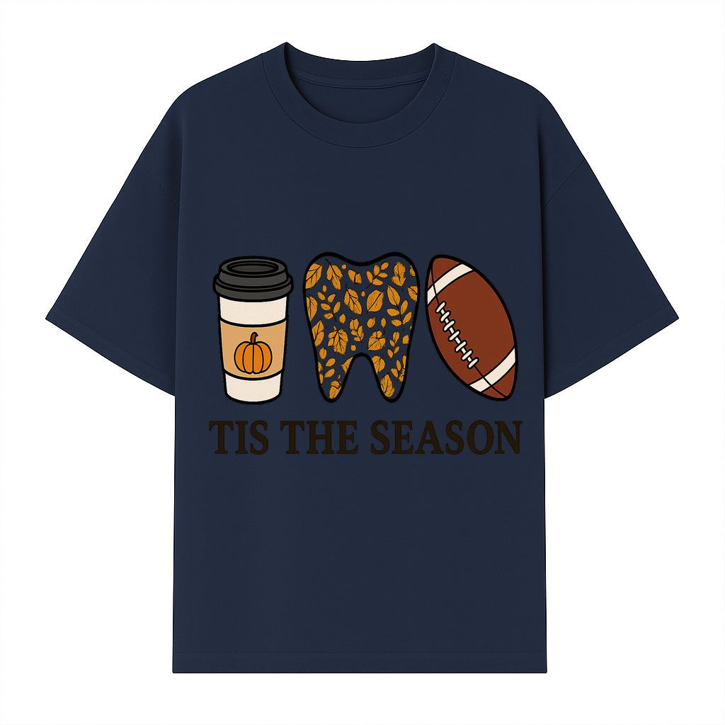 Tis the Season Fall Decor: Pumpkin Coffee, Leafy Tooth, Football Theme Gift for Dental Hygiene, Autumn Collection - T-shirt 1758250150153.jpg