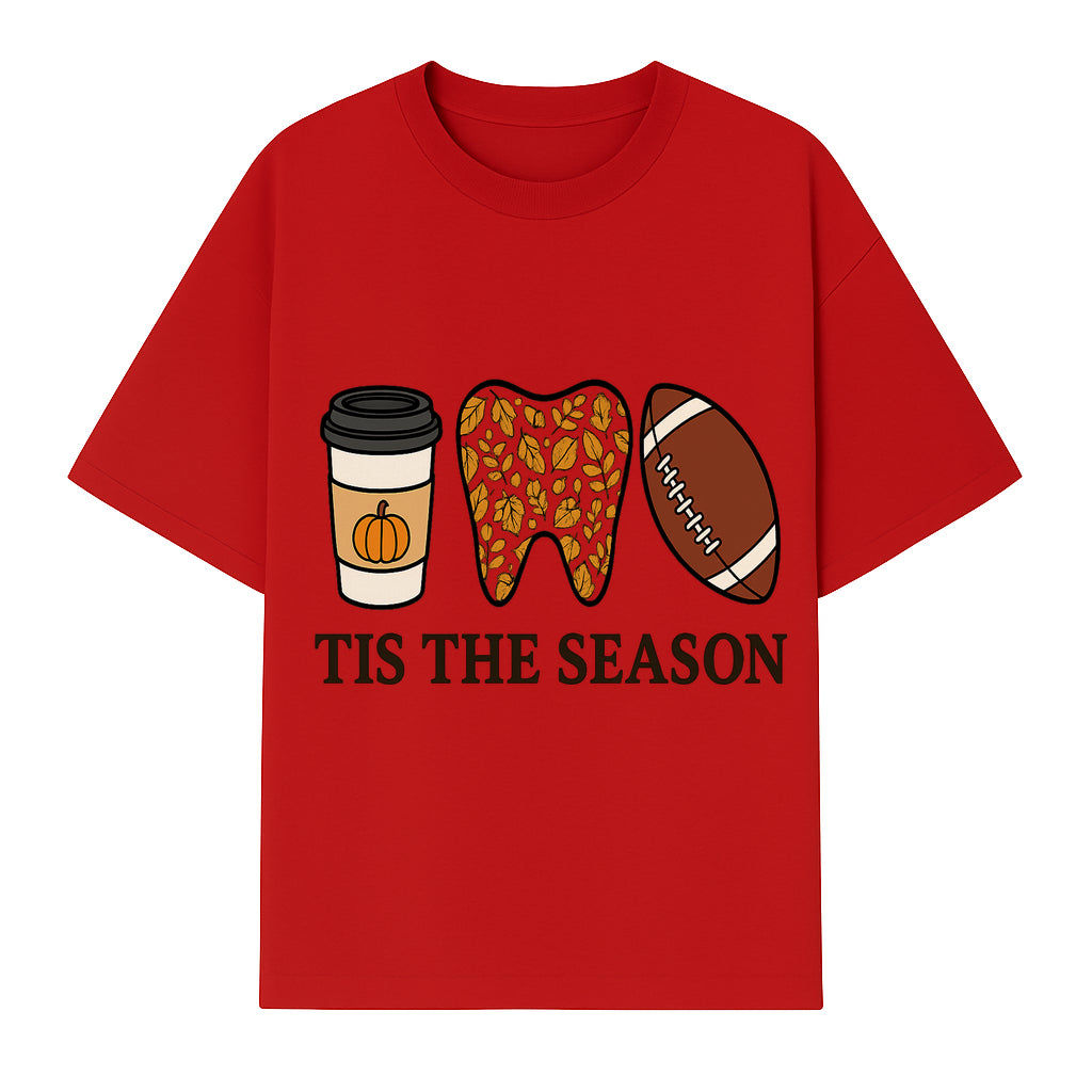 Tis the Season Fall Decor: Pumpkin Coffee, Leafy Tooth, Football Theme Gift for Dental Hygiene, Autumn Collection - T-shirt 1758250150280.jpg
