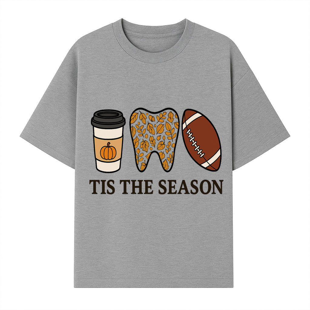 Tis the Season Fall Decor: Pumpkin Coffee, Leafy Tooth, Football Theme Gift for Dental Hygiene, Autumn Collection - T-shirt 1758250150431.jpg