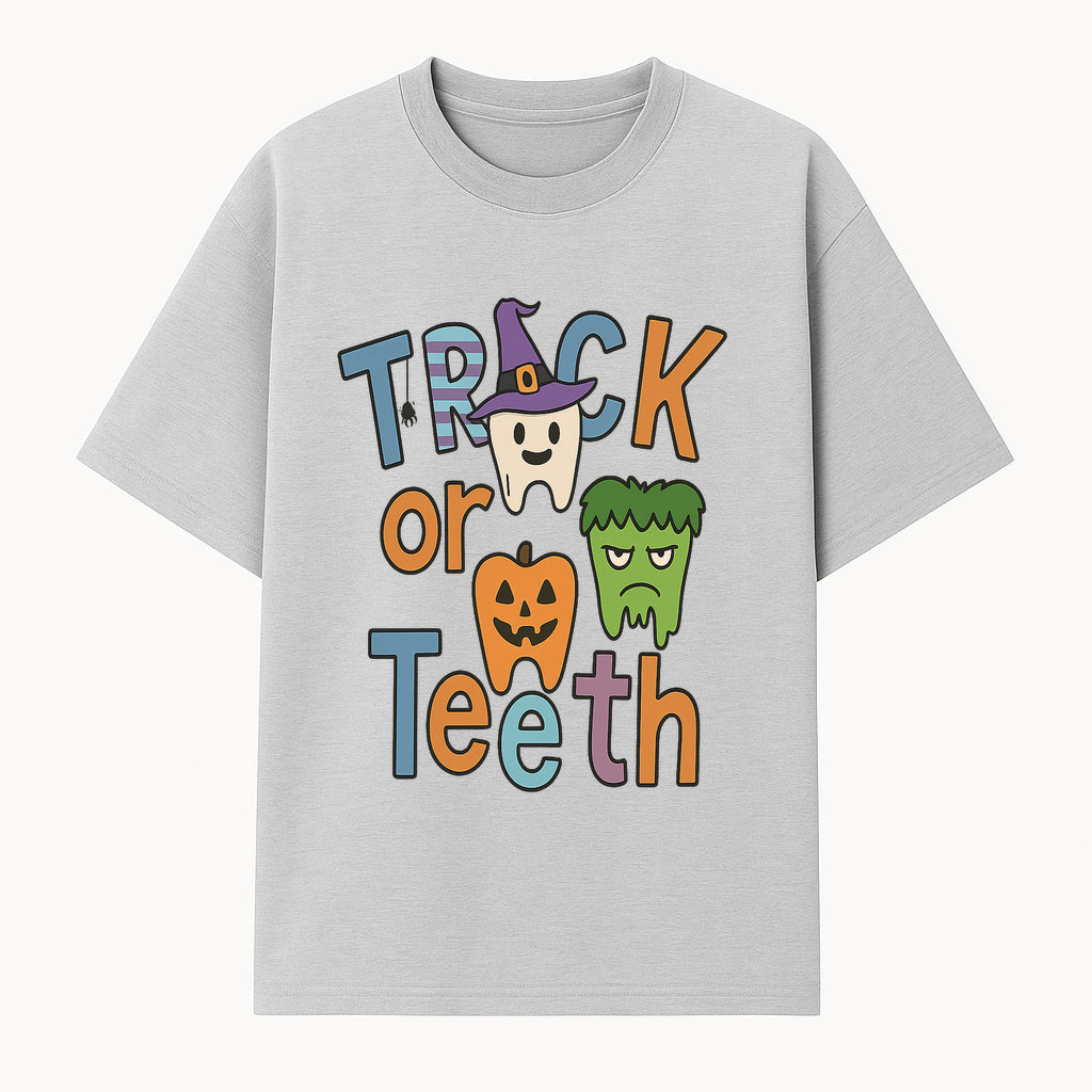 Halloween Trick or Teeth Kids' T-Shirt | Cute Tooth, Pumpkin, and Monster Design | Fun Halloween Apparel - T-shirt 1758250150994.jpg