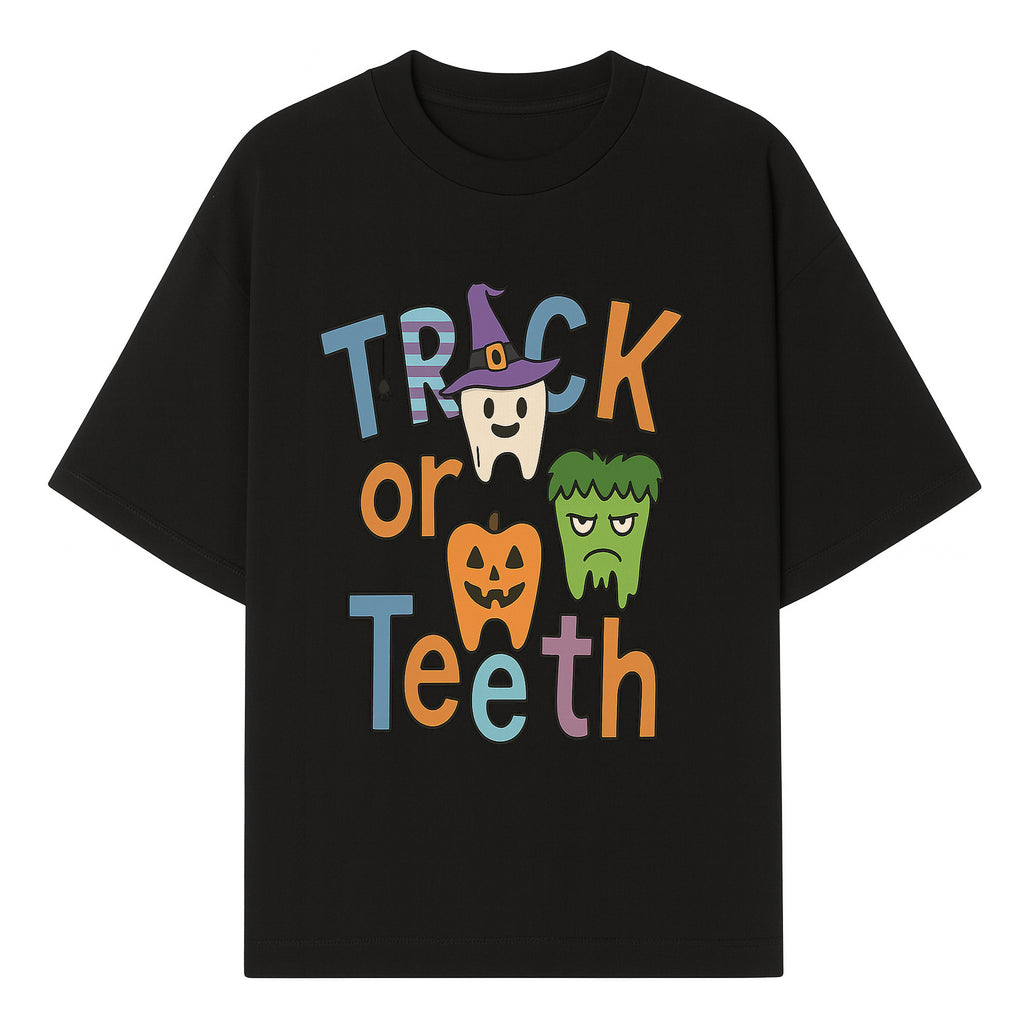 Halloween Trick or Teeth Kids' T-Shirt | Cute Tooth, Pumpkin, and Monster Design | Fun Halloween Apparel - T-shirt 1758250151150.jpg