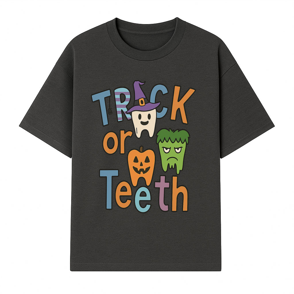 Halloween Trick or Teeth Kids' T-Shirt | Cute Tooth, Pumpkin, and Monster Design | Fun Halloween Apparel - T-shirt 1758250151302.jpg