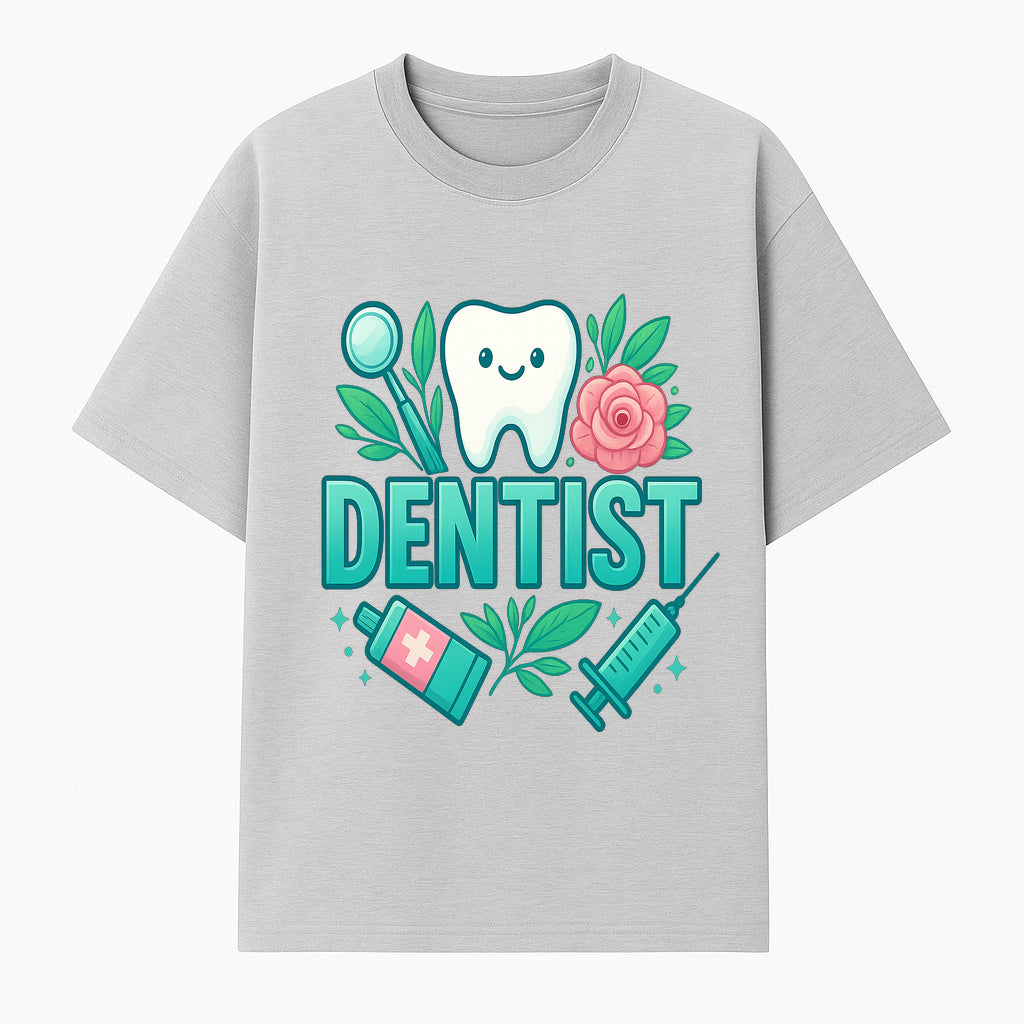 Cute Dentist Tooth Graphic with Tools, Floral Elements | Perfect for Dental Office Decor or Gifts | Fun Emotions in Dentistry Design - T-shirt 1758250151344.jpg