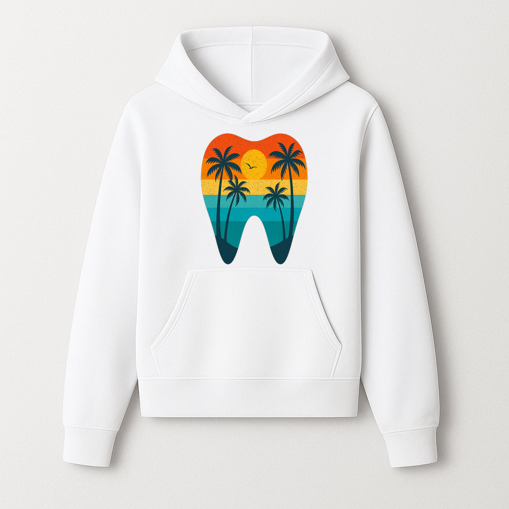 Tropical Sunset Tooth Art Print - Colorful Palm Trees Beach Design for Dental Office Decor, Dentistry Gifts, Summer Vibes - Hoodie 1758250151391.jpg