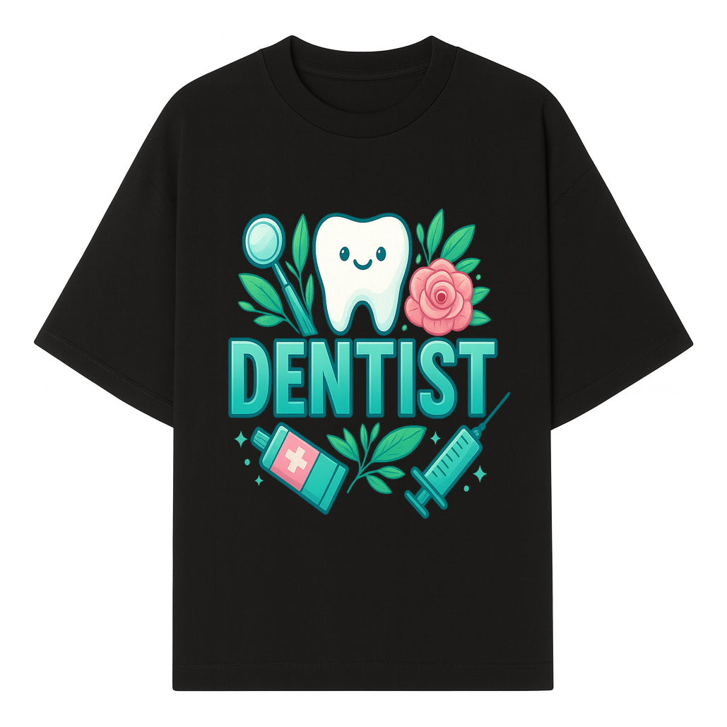 Cute Dentist Tooth Graphic with Tools, Floral Elements | Perfect for Dental Office Decor or Gifts | Fun Emotions in Dentistry Design - T-shirt 1758250151530.jpg