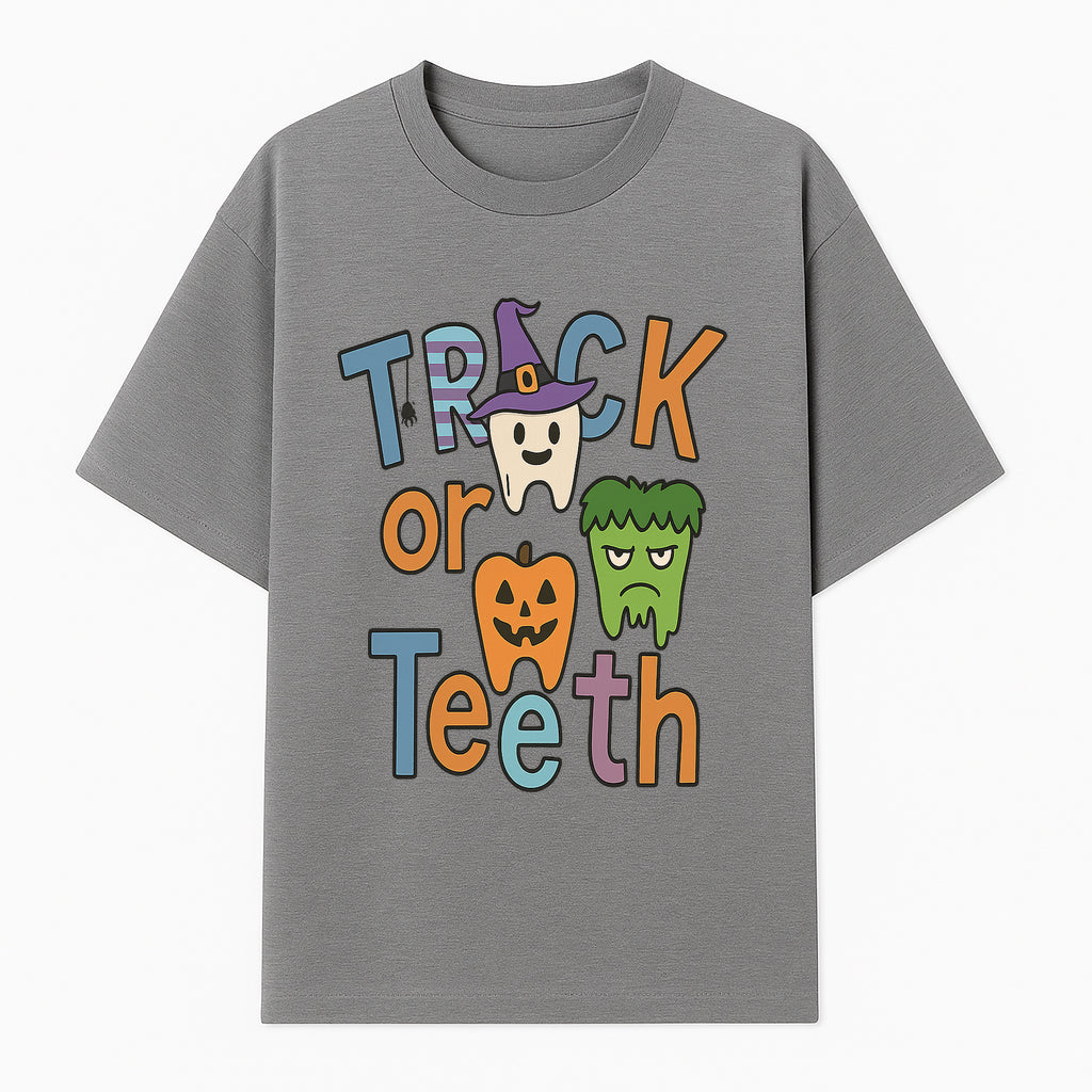 Halloween Trick or Teeth Kids' T-Shirt | Cute Tooth, Pumpkin, and Monster Design | Fun Halloween Apparel - T-shirt 1758250151584.jpg