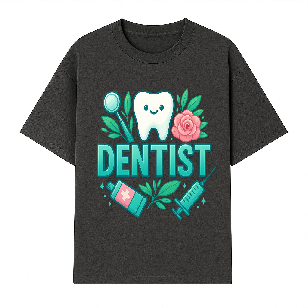 Cute Dentist Tooth Graphic with Tools, Floral Elements | Perfect for Dental Office Decor or Gifts | Fun Emotions in Dentistry Design - T-shirt 1758250151685.jpg