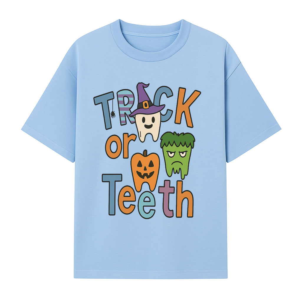 Halloween Trick or Teeth Kids' T-Shirt | Cute Tooth, Pumpkin, and Monster Design | Fun Halloween Apparel - T-shirt 1758250151727.jpg