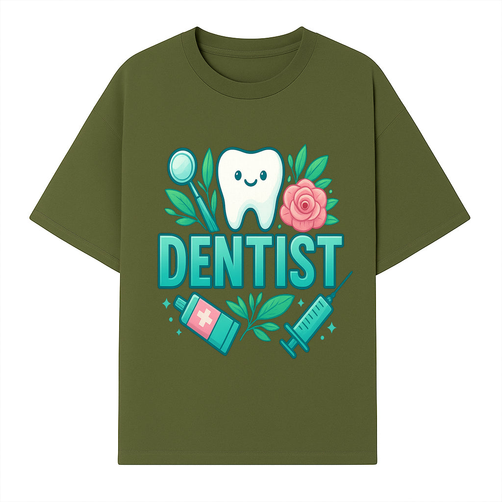 Cute Dentist Tooth Graphic with Tools, Floral Elements | Perfect for Dental Office Decor or Gifts | Fun Emotions in Dentistry Design - T-shirt 1758250151840.jpg