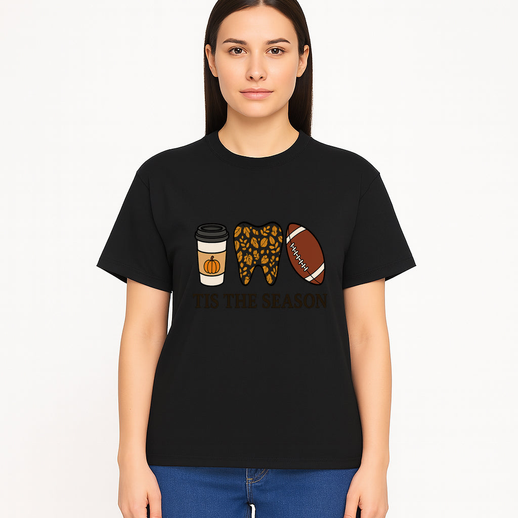 Tis the Season Fall Decor: Pumpkin Coffee, Leafy Tooth, Football Theme Gift for Dental Hygiene, Autumn Collection - T-shirt 1758250151876.jpg