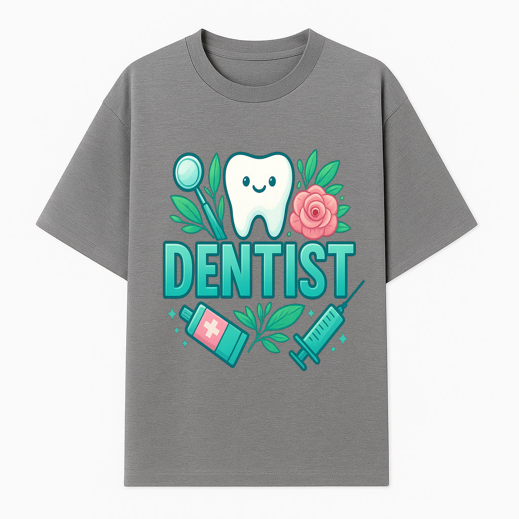 Cute Dentist Tooth Graphic with Tools, Floral Elements | Perfect for Dental Office Decor or Gifts | Fun Emotions in Dentistry Design - T-shirt 1758250151955.jpg