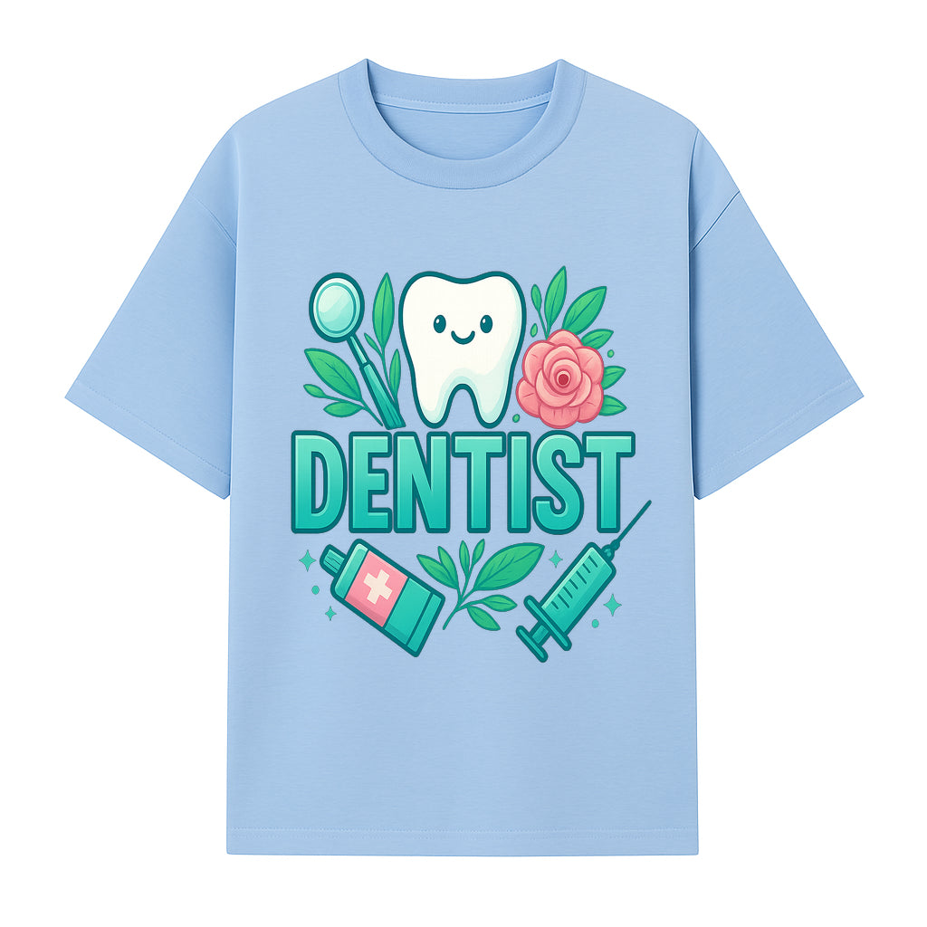 Cute Dentist Tooth Graphic with Tools, Floral Elements | Perfect for Dental Office Decor or Gifts | Fun Emotions in Dentistry Design - T-shirt 1758250152110.jpg