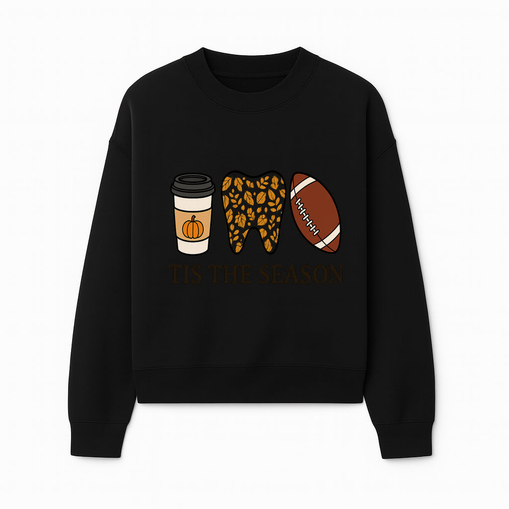 Tis the Season Fall Decor: Pumpkin Coffee, Leafy Tooth, Football Theme Gift for Dental Hygiene, Autumn Collection - Sweatshirt 1758250152207.jpg