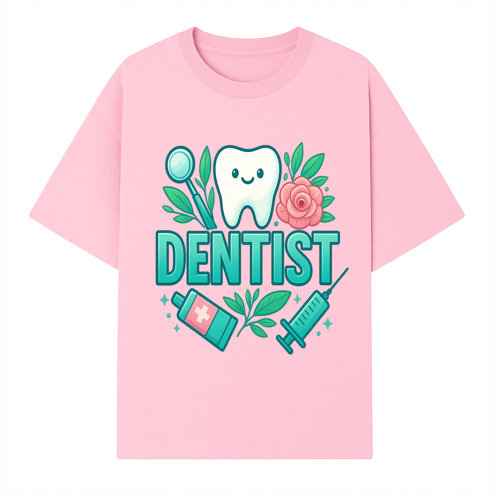 Cute Dentist Tooth Graphic with Tools, Floral Elements | Perfect for Dental Office Decor or Gifts | Fun Emotions in Dentistry Design - T-shirt 1758250152239.jpg