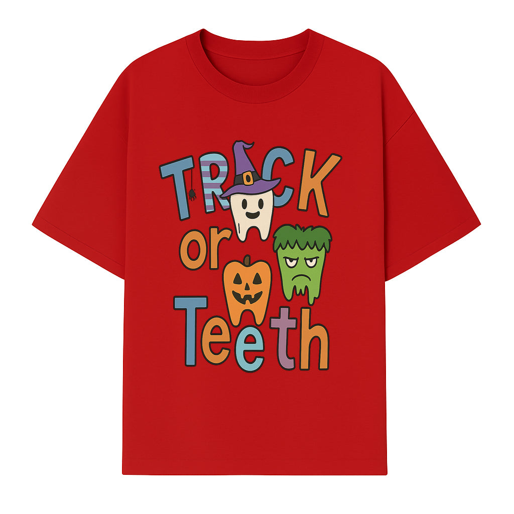 Halloween Trick or Teeth Kids' T-Shirt | Cute Tooth, Pumpkin, and Monster Design | Fun Halloween Apparel - T-shirt 1758250152305.jpg