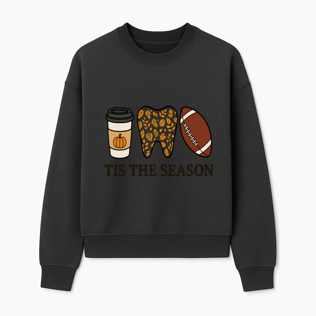 Tis the Season Fall Decor: Pumpkin Coffee, Leafy Tooth, Football Theme Gift for Dental Hygiene, Autumn Collection - Sweatshirt 1758250152342.jpg