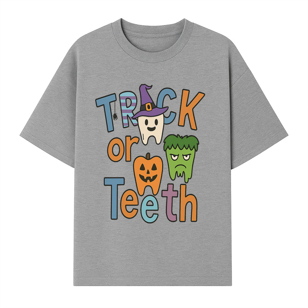 Halloween Trick or Teeth Kids' T-Shirt | Cute Tooth, Pumpkin, and Monster Design | Fun Halloween Apparel - T-shirt 1758250152422.jpg
