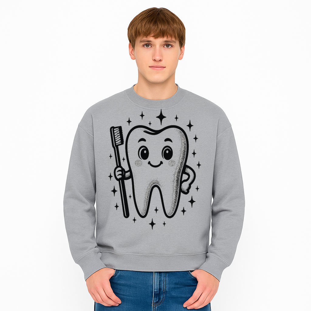 Cute Tooth Character with Toothbrush and Sparkles, Kids Dental Hygiene Art Print, Adorable Tooth Decor for Children's Room - Sweatshirt 1758250152469.jpg