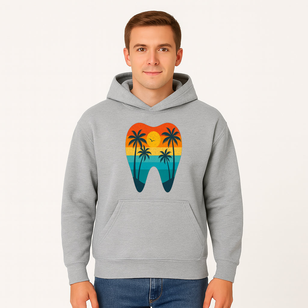 Tropical Sunset Tooth Art Print - Colorful Palm Trees Beach Design for Dental Office Decor, Dentistry Gifts, Summer Vibes - Hoodie 1758250152536.jpg
