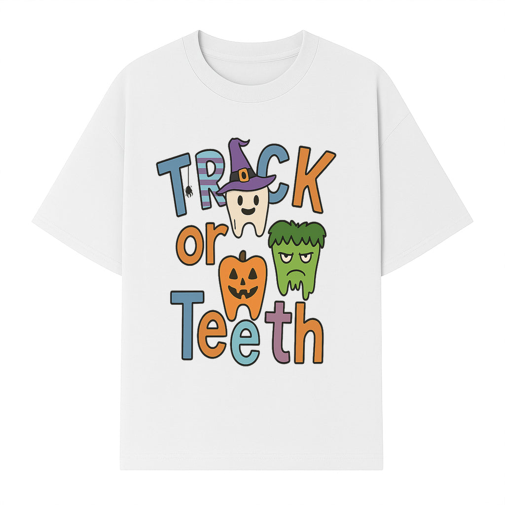 Halloween Trick or Teeth Kids' T-Shirt | Cute Tooth, Pumpkin, and Monster Design | Fun Halloween Apparel - T-shirt 1758250152619.jpg