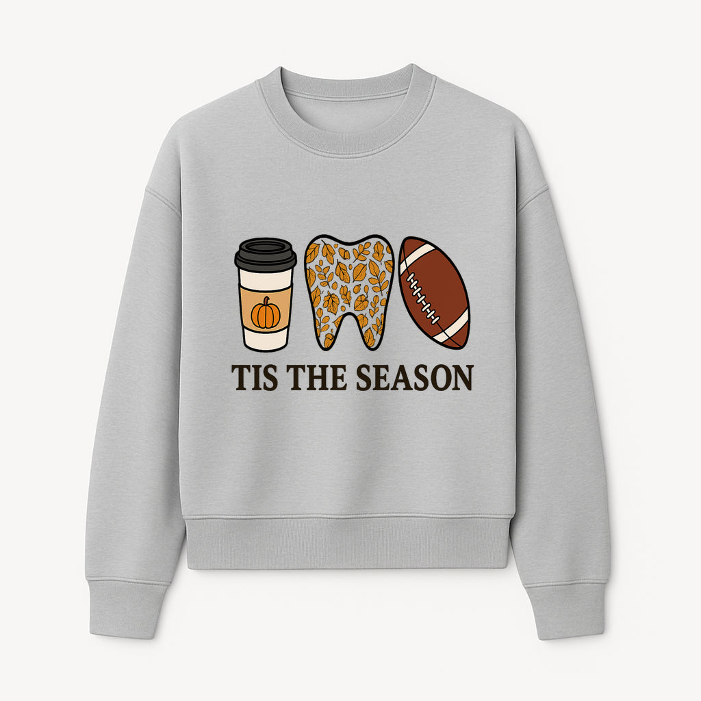 Tis the Season Fall Decor: Pumpkin Coffee, Leafy Tooth, Football Theme Gift for Dental Hygiene, Autumn Collection - Sweatshirt 1758250152675.jpg