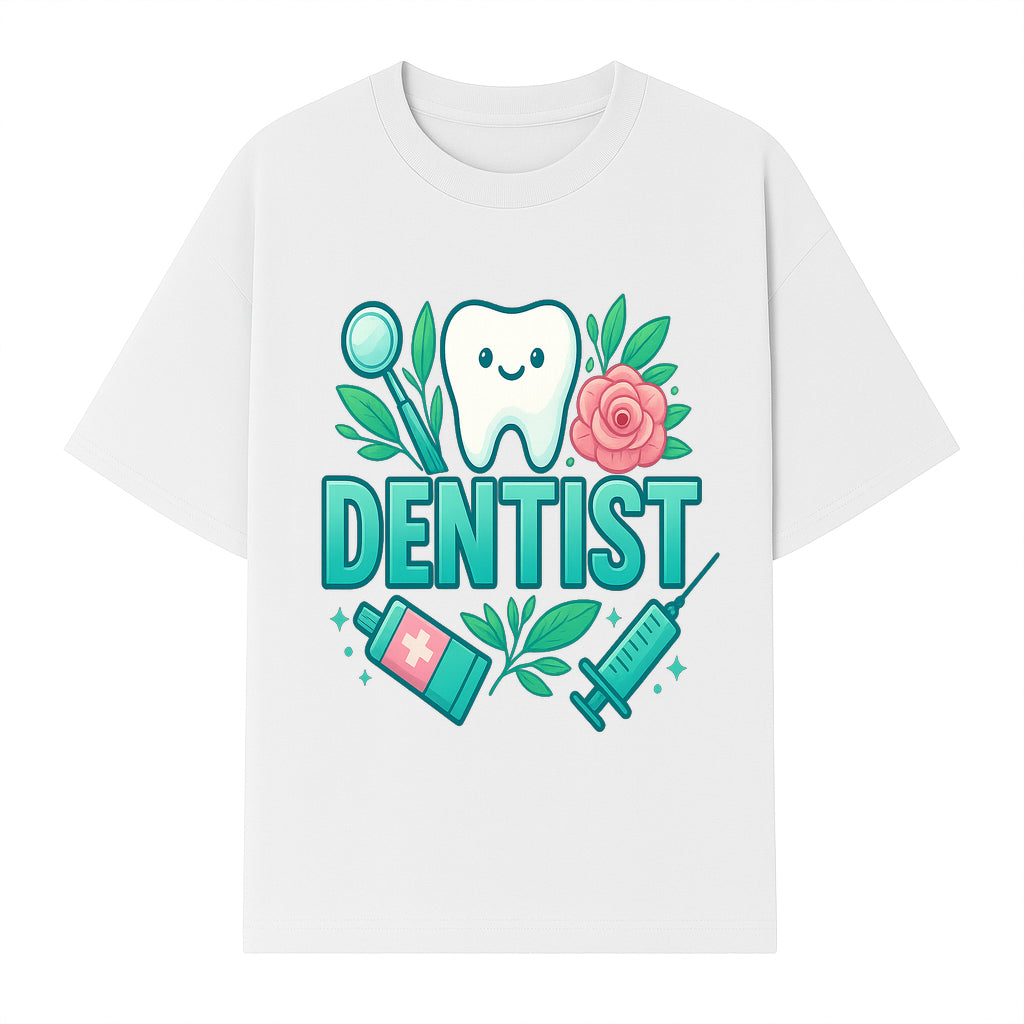 Cute Dentist Tooth Graphic with Tools, Floral Elements | Perfect for Dental Office Decor or Gifts | Fun Emotions in Dentistry Design - T-shirt 1758250152918.jpg