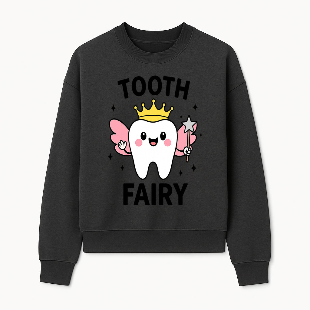 Tooth Fairy Cute Cartoon Tooth with Crown and Wand, Kids' Room Decor, Dental Theme, Children's Art, Nursery Wall Print - Sweatshirt 1758250152993.jpg