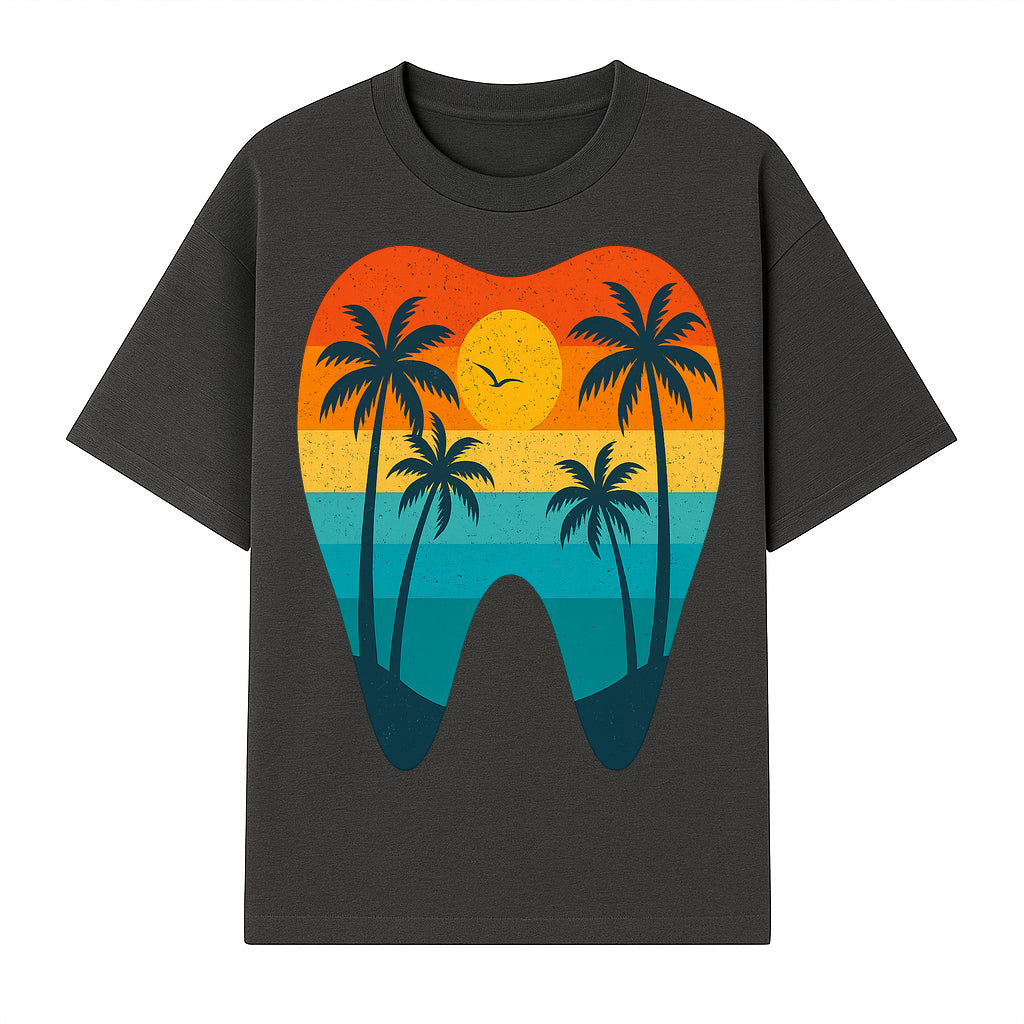 Tropical Sunset Tooth Art Print - Colorful Palm Trees Beach Design for Dental Office Decor, Dentistry Gifts, Summer Vibes - T-shirt 1758250153166.jpg
