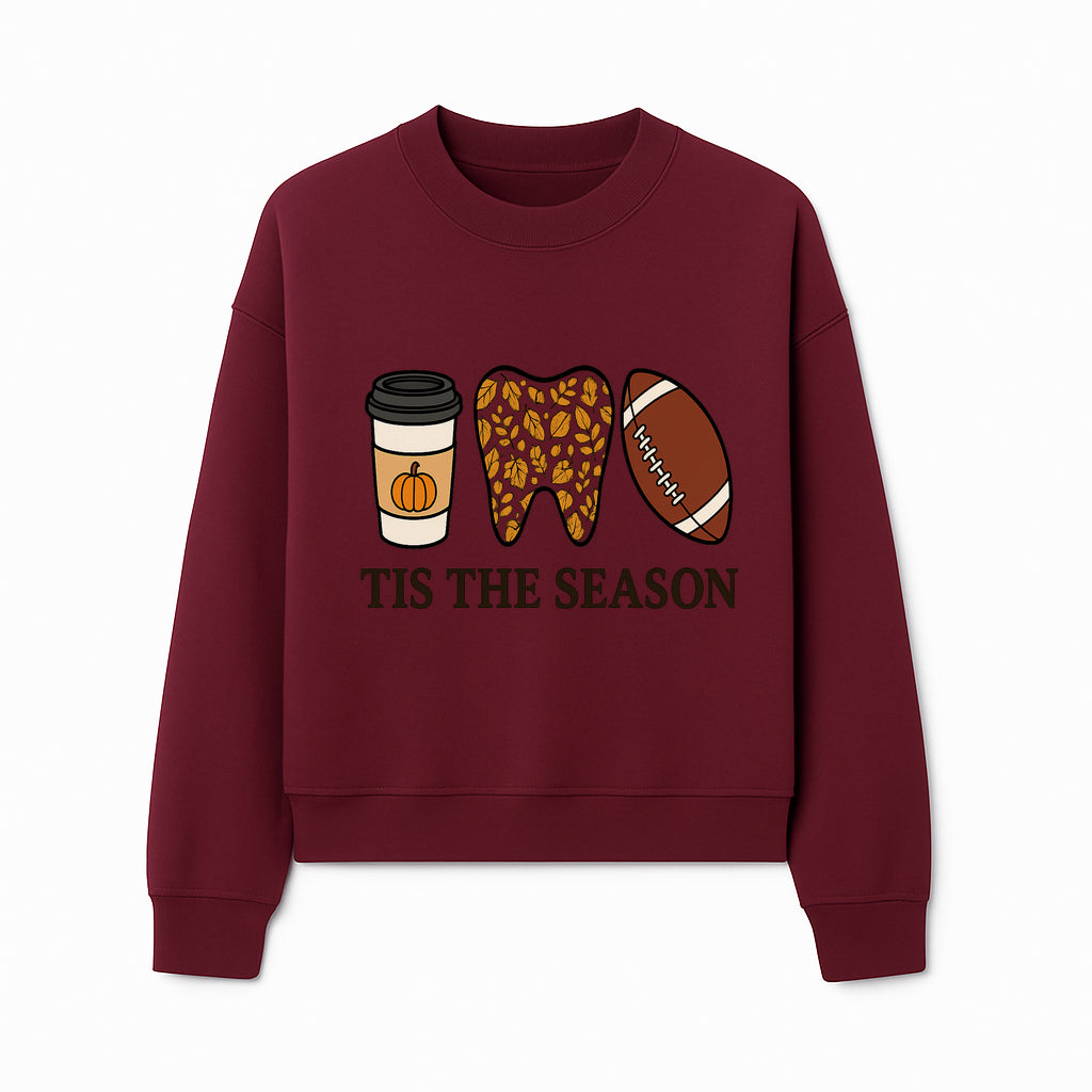 Tis the Season Fall Decor: Pumpkin Coffee, Leafy Tooth, Football Theme Gift for Dental Hygiene, Autumn Collection - Sweatshirt 1758250153193.jpg