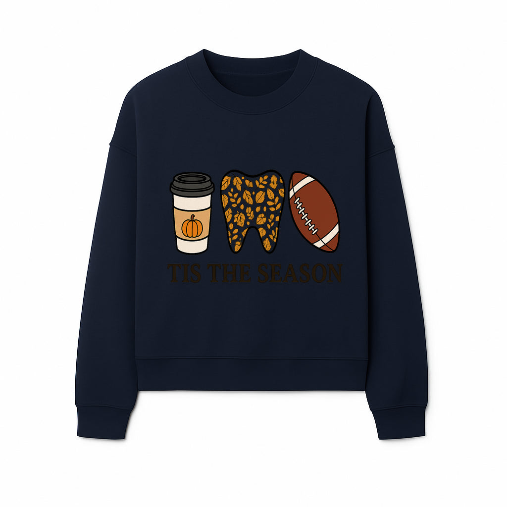 Tis the Season Fall Decor: Pumpkin Coffee, Leafy Tooth, Football Theme Gift for Dental Hygiene, Autumn Collection - Sweatshirt 1758250153367.jpg