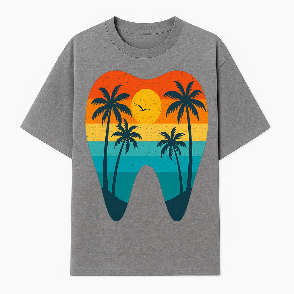 Tropical Sunset Tooth Art Print - Colorful Palm Trees Beach Design for Dental Office Decor, Dentistry Gifts, Summer Vibes - T-shirt 1758250153467.jpg