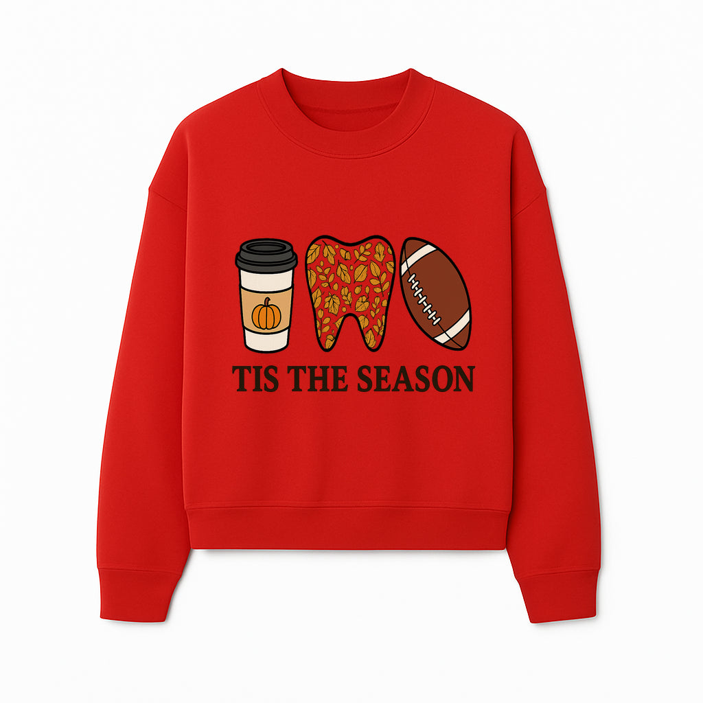 Tis the Season Fall Decor: Pumpkin Coffee, Leafy Tooth, Football Theme Gift for Dental Hygiene, Autumn Collection - Sweatshirt 1758250153513.jpg