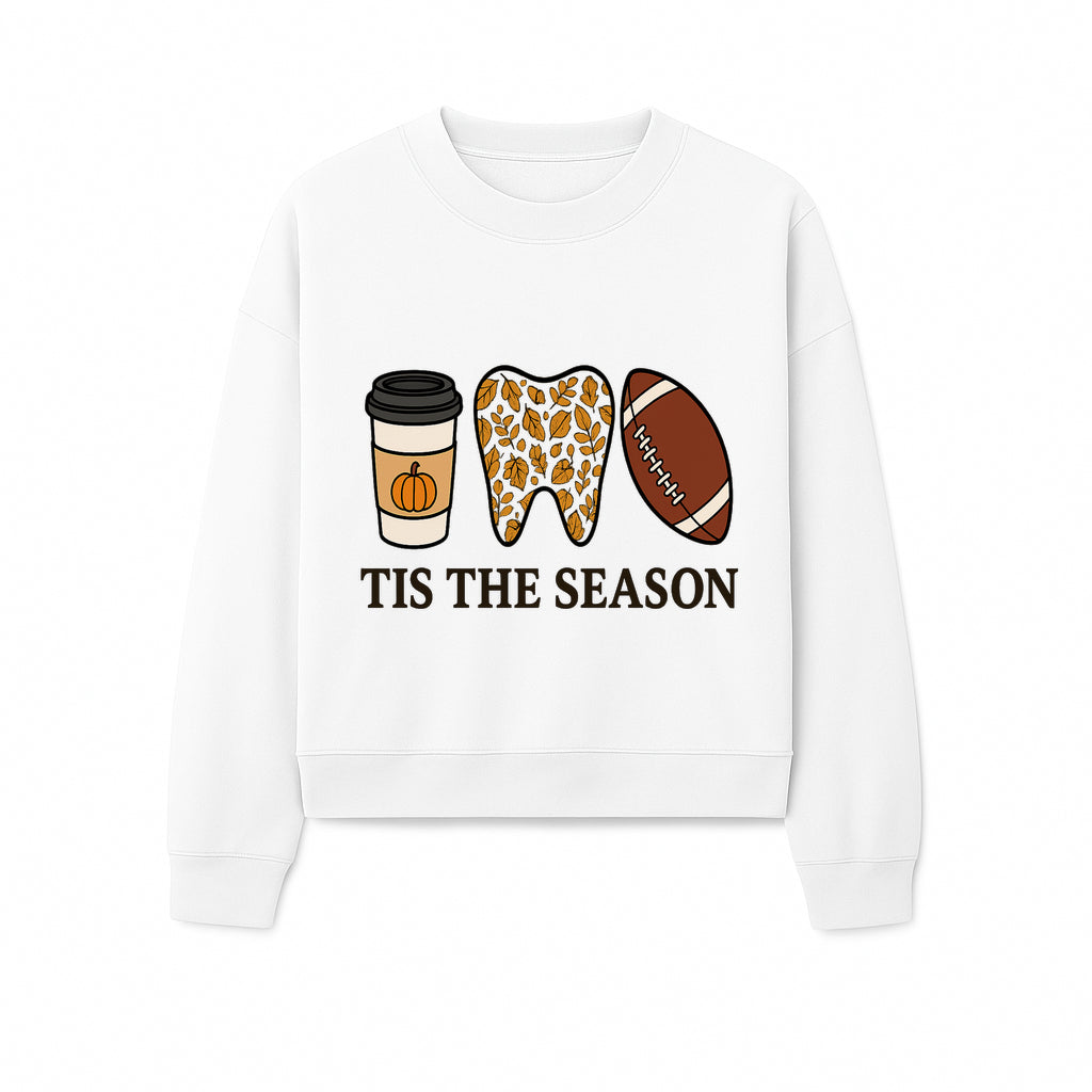 Tis the Season Fall Decor: Pumpkin Coffee, Leafy Tooth, Football Theme Gift for Dental Hygiene, Autumn Collection - Sweatshirt 1758250153845.jpg