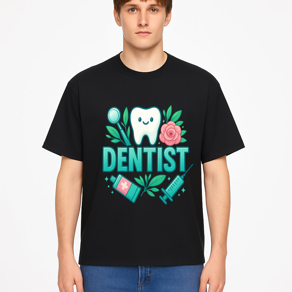 Cute Dentist Tooth Graphic with Tools, Floral Elements | Perfect for Dental Office Decor or Gifts | Fun Emotions in Dentistry Design - T-shirt 1758250154043.jpg