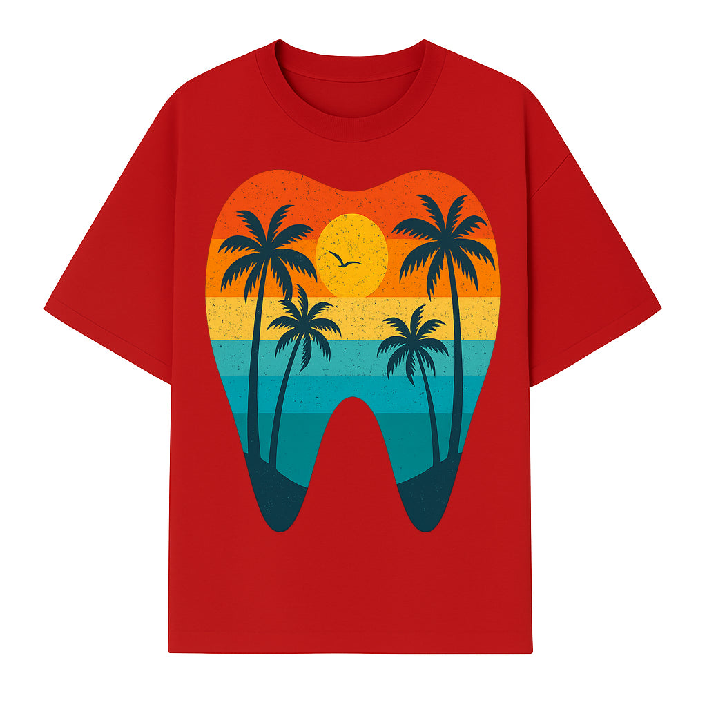 Tropical Sunset Tooth Art Print - Colorful Palm Trees Beach Design for Dental Office Decor, Dentistry Gifts, Summer Vibes - T-shirt 1758250154201.jpg