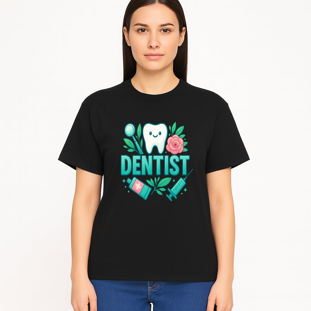 Cute Dentist Tooth Graphic with Tools, Floral Elements | Perfect for Dental Office Decor or Gifts | Fun Emotions in Dentistry Design - T-shirt 1758250154226.jpg