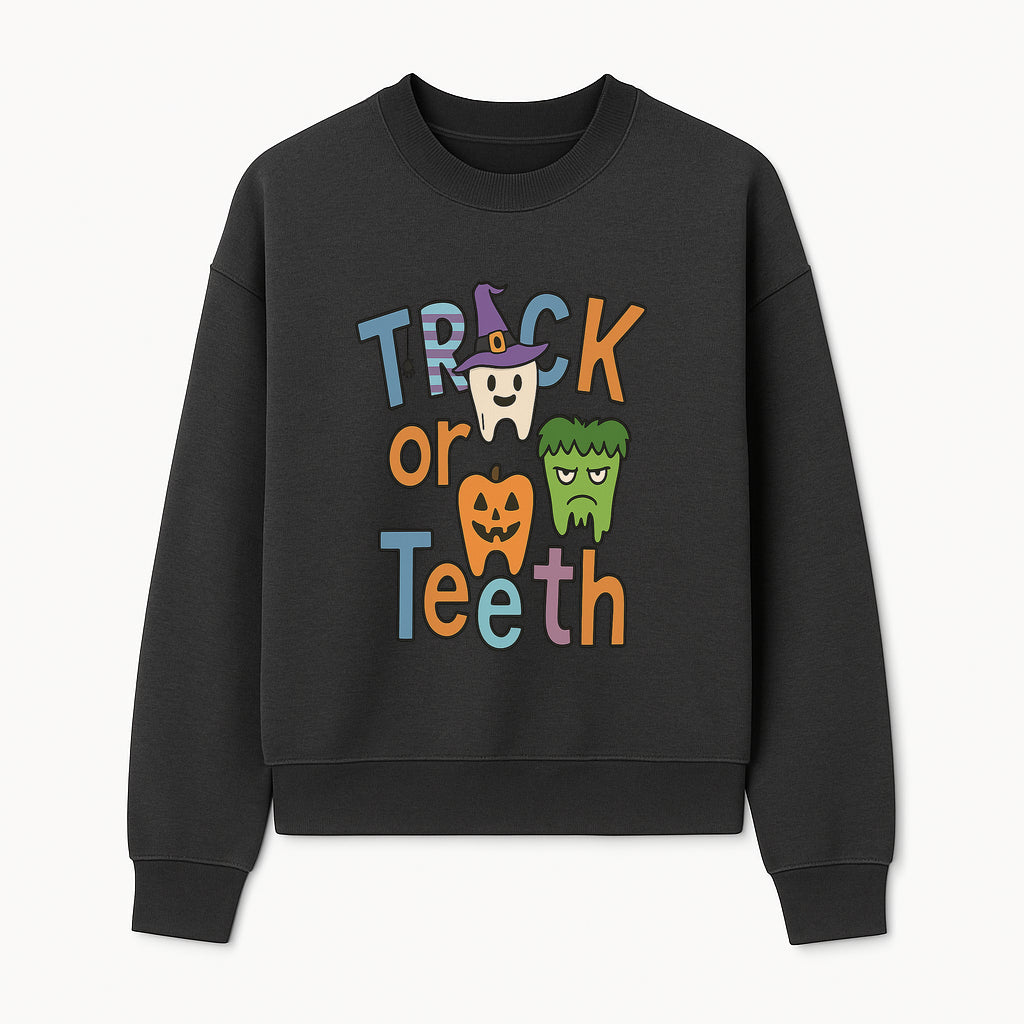 Halloween Trick or Teeth Kids' T-Shirt | Cute Tooth, Pumpkin, and Monster Design | Fun Halloween Apparel - Sweatshirt 1758250154360.jpg