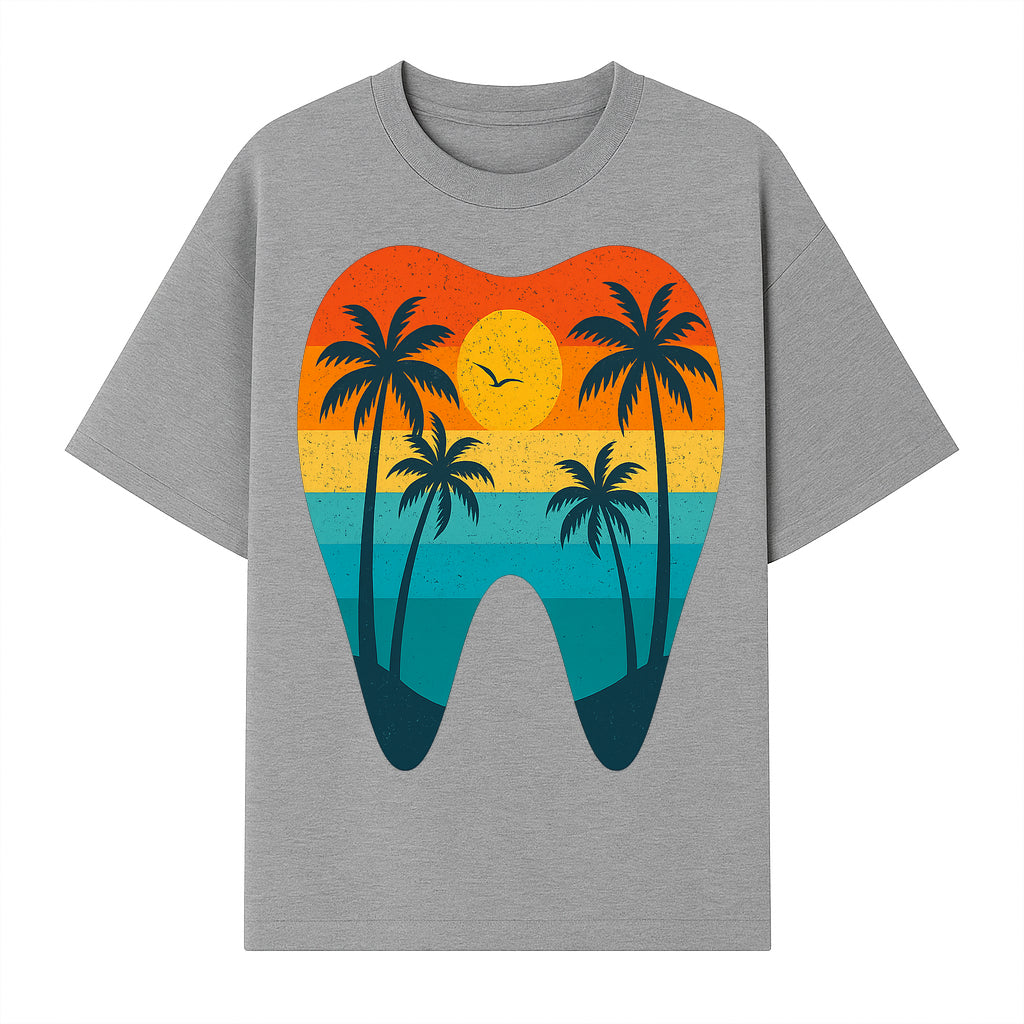 Tropical Sunset Tooth Art Print - Colorful Palm Trees Beach Design for Dental Office Decor, Dentistry Gifts, Summer Vibes - T-shirt 1758250154397.jpg