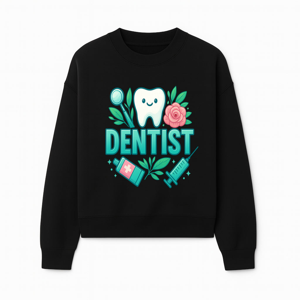 Cute Dentist Tooth Graphic with Tools, Floral Elements | Perfect for Dental Office Decor or Gifts | Fun Emotions in Dentistry Design - Sweatshirt 1758250154524.jpg