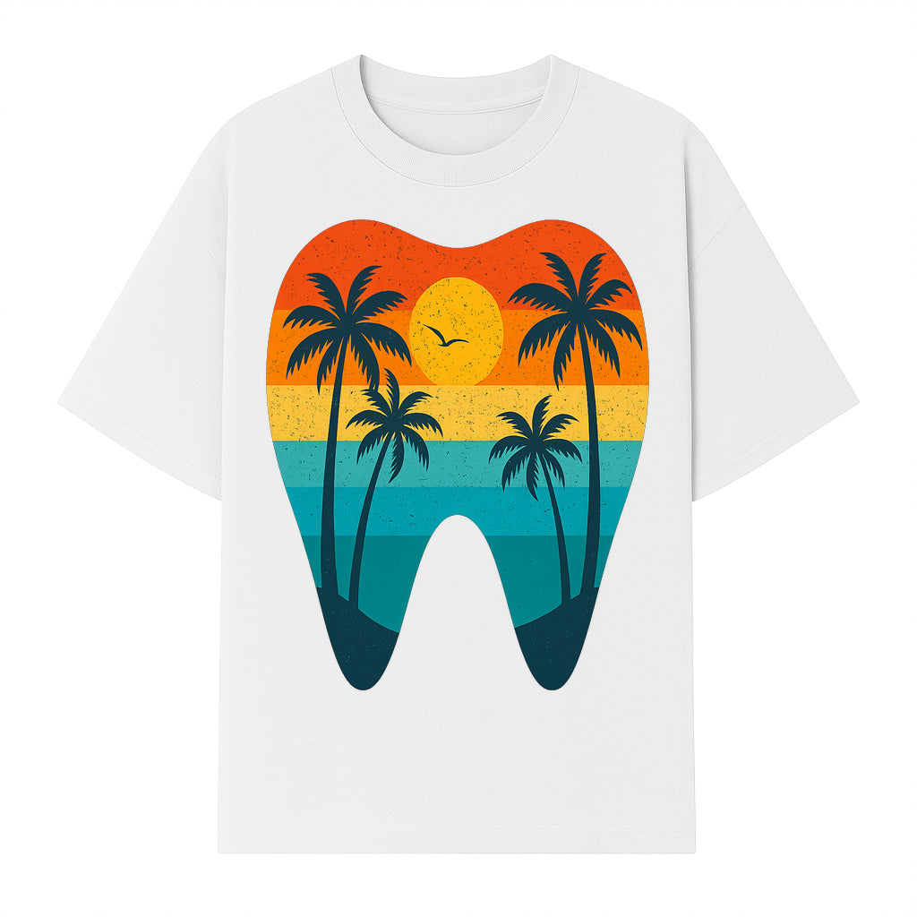 Tropical Sunset Tooth Art Print - Colorful Palm Trees Beach Design for Dental Office Decor, Dentistry Gifts, Summer Vibes - T-shirt 1758250154545.jpg