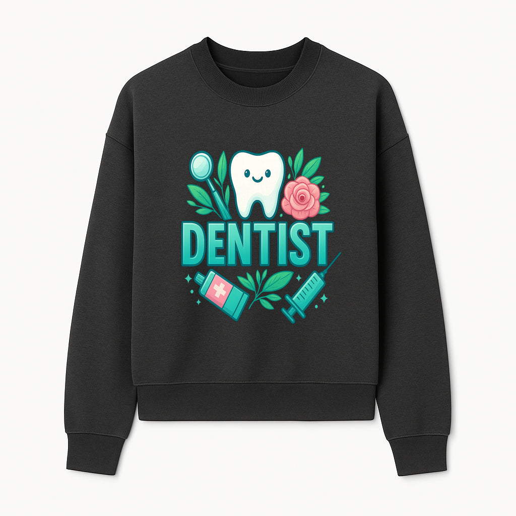 Cute Dentist Tooth Graphic with Tools, Floral Elements | Perfect for Dental Office Decor or Gifts | Fun Emotions in Dentistry Design - Sweatshirt 1758250154708.jpg