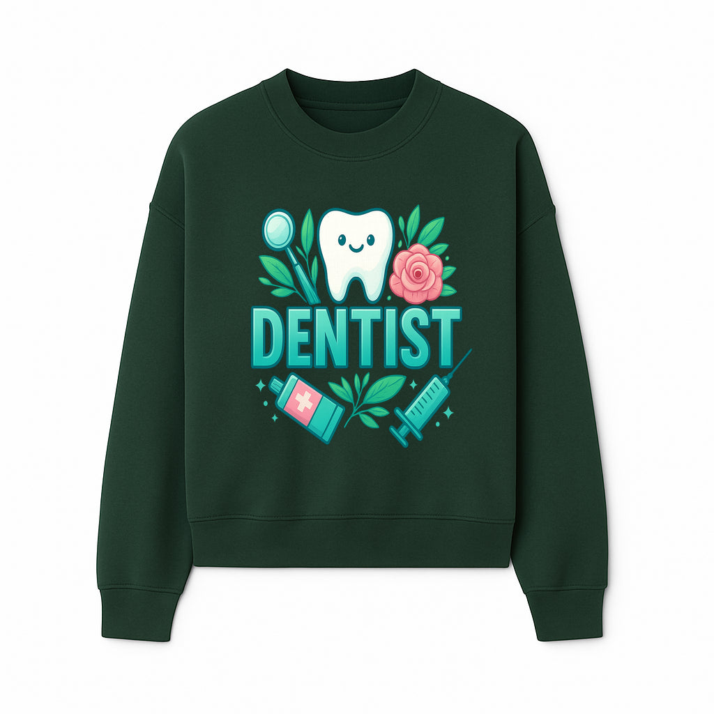 Cute Dentist Tooth Graphic with Tools, Floral Elements | Perfect for Dental Office Decor or Gifts | Fun Emotions in Dentistry Design - Sweatshirt 1758250154904.jpg