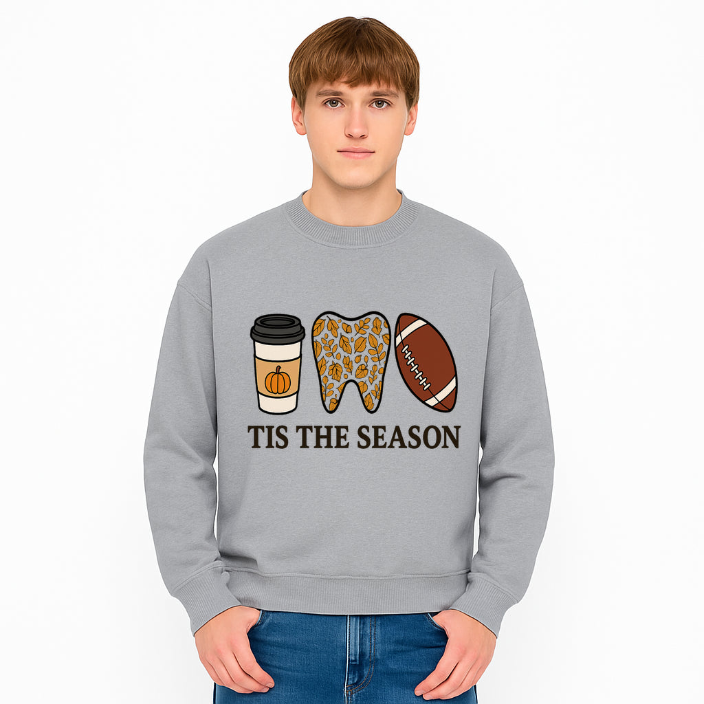 Tis the Season Fall Decor: Pumpkin Coffee, Leafy Tooth, Football Theme Gift for Dental Hygiene, Autumn Collection - Sweatshirt 1758250155011.jpg