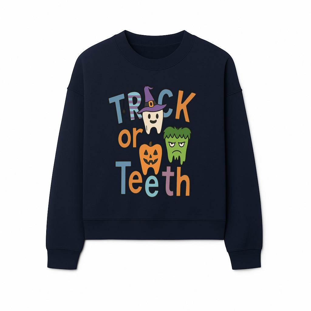 Halloween Trick or Teeth Kids' T-Shirt | Cute Tooth, Pumpkin, and Monster Design | Fun Halloween Apparel - Sweatshirt 1758250155346.jpg