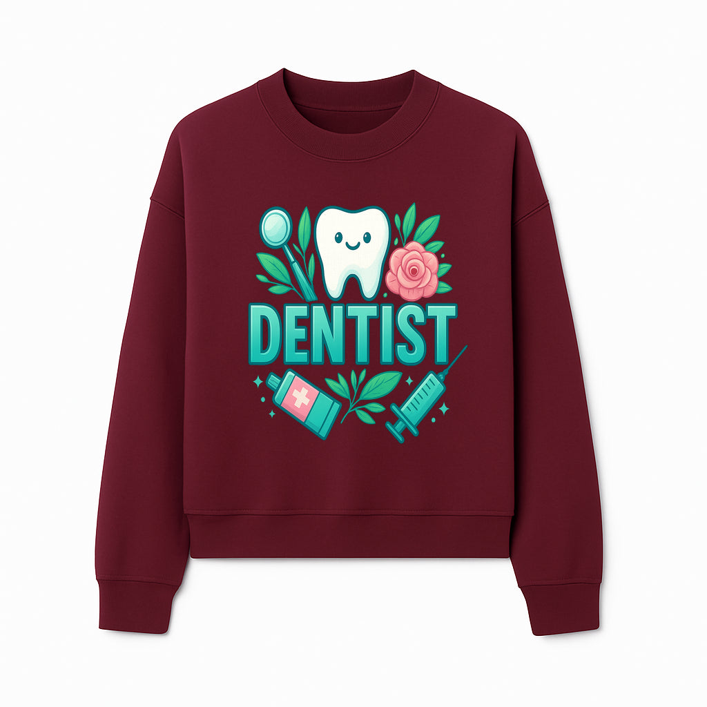 Cute Dentist Tooth Graphic with Tools, Floral Elements | Perfect for Dental Office Decor or Gifts | Fun Emotions in Dentistry Design - Sweatshirt 1758250155583.jpg