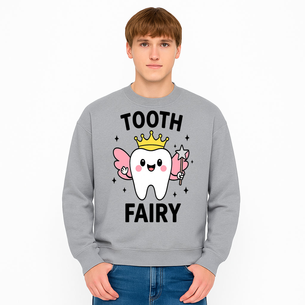 Tooth Fairy Cute Cartoon Tooth with Crown and Wand, Kids' Room Decor, Dental Theme, Children's Art, Nursery Wall Print - Sweatshirt 1758250155590.jpg