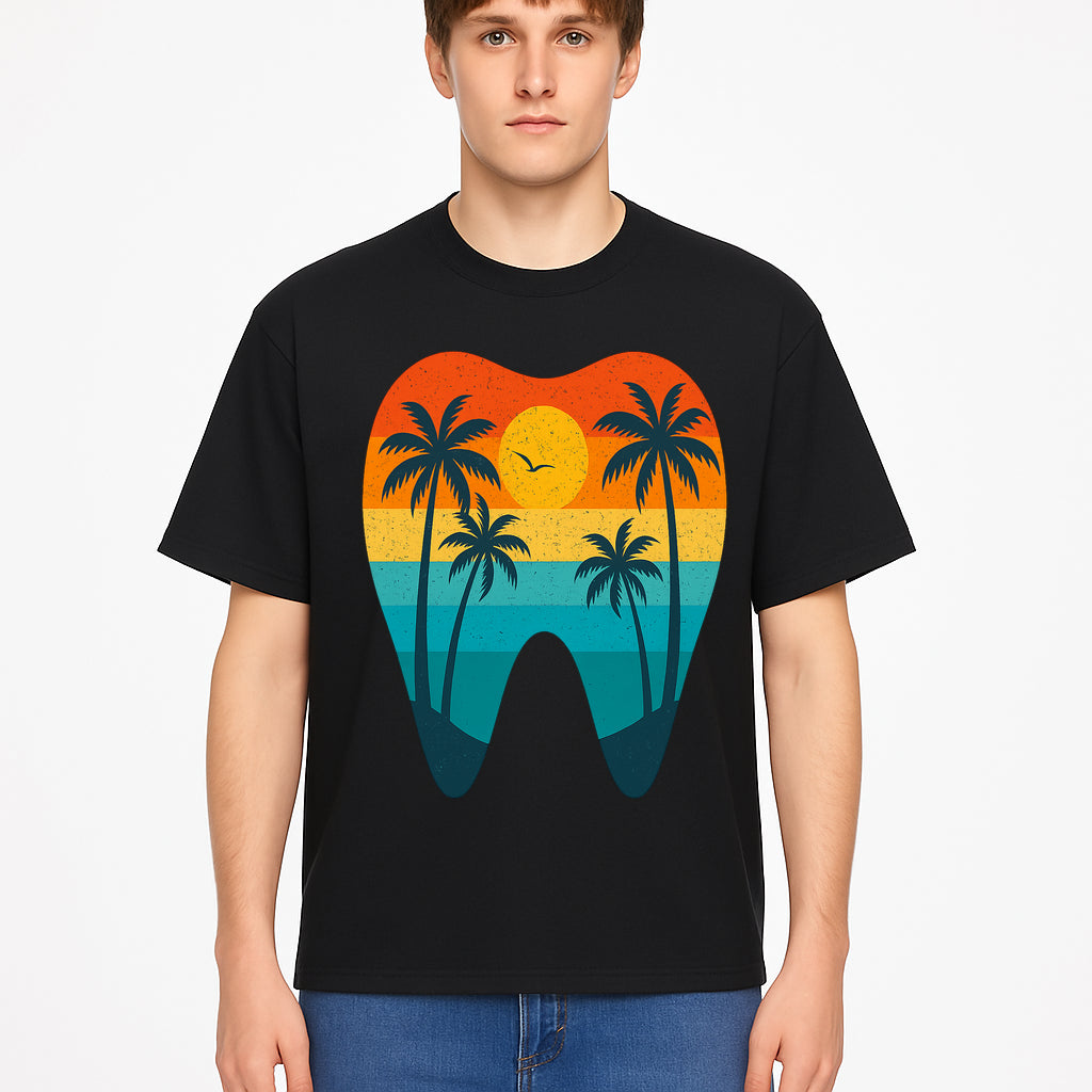 Tropical Sunset Tooth Art Print - Colorful Palm Trees Beach Design for Dental Office Decor, Dentistry Gifts, Summer Vibes - T-shirt 1758250155696.jpg
